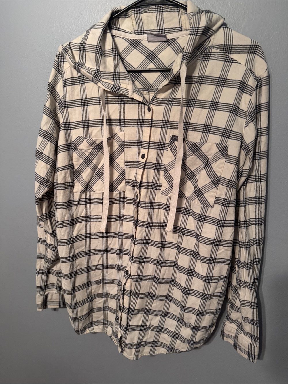 Columbia Cream and Black Plaid Hooded Button-Down Shirt